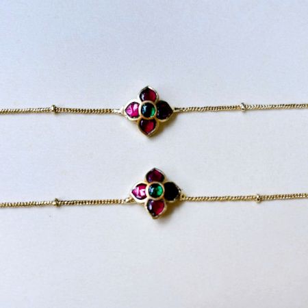 Handmade Brass Metal Jewellery Ruby Floral Anklet Pair